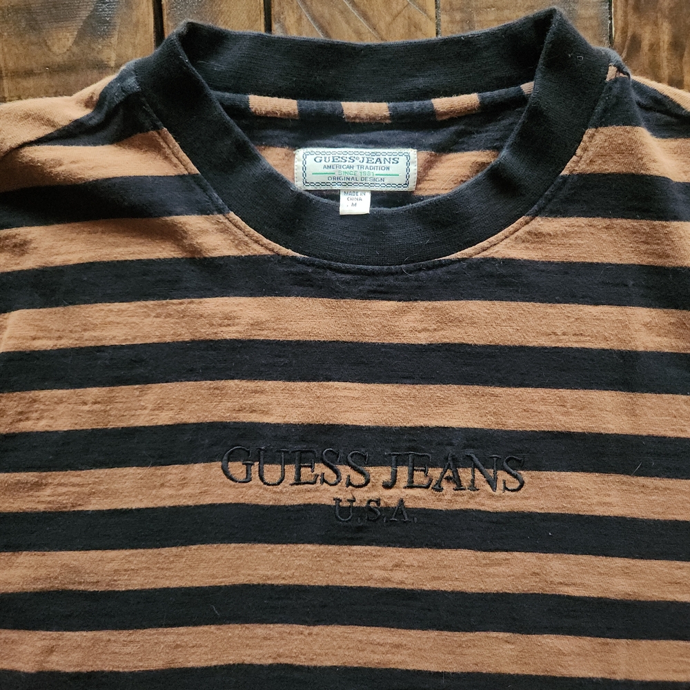Guess Men's Black and Brown Striped Shirt